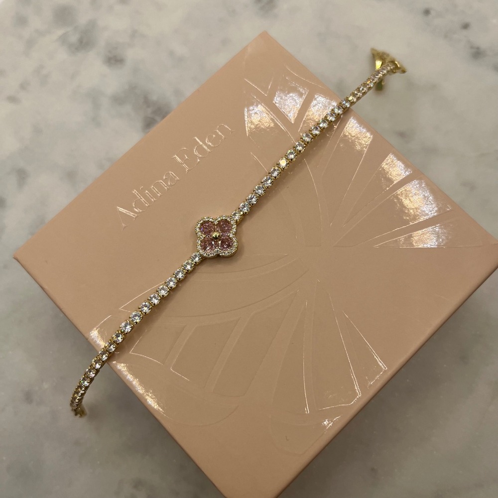 Pink Clover Pave Tennis Bracelet Adina Eden 14K Gold Plate Rhinestone CZ Jewelry